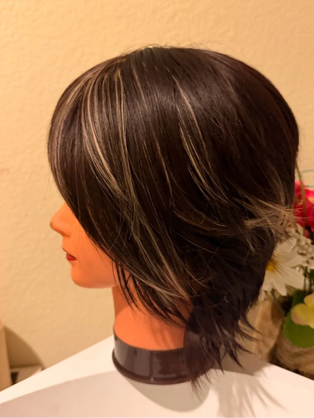 Short Layered Women’s Wig with Dark Brown Base and Blonde Highlights